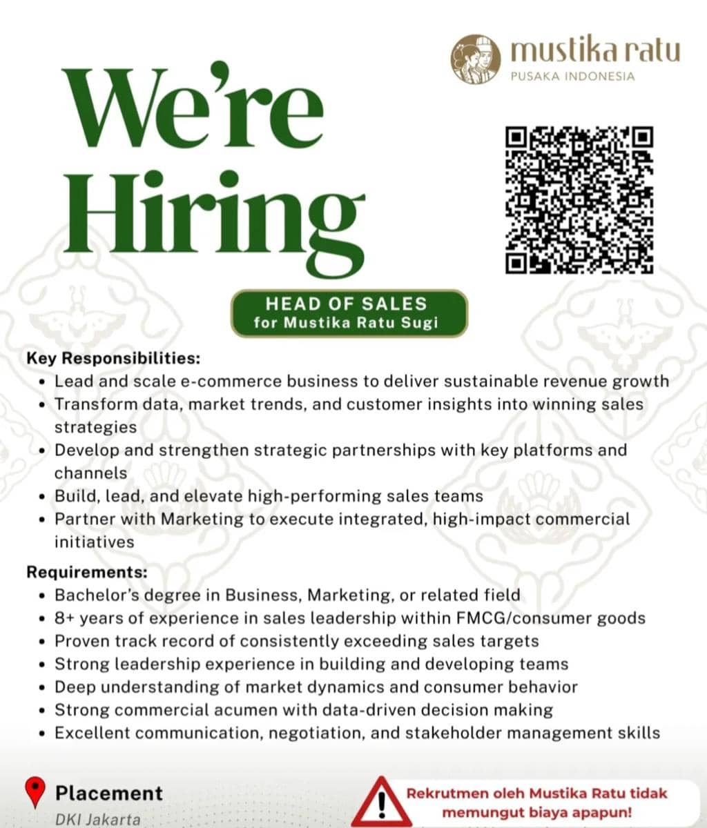  Lowongan Kerja Mustika Ratu April 2026, Dibuka Banyak Posisi! 