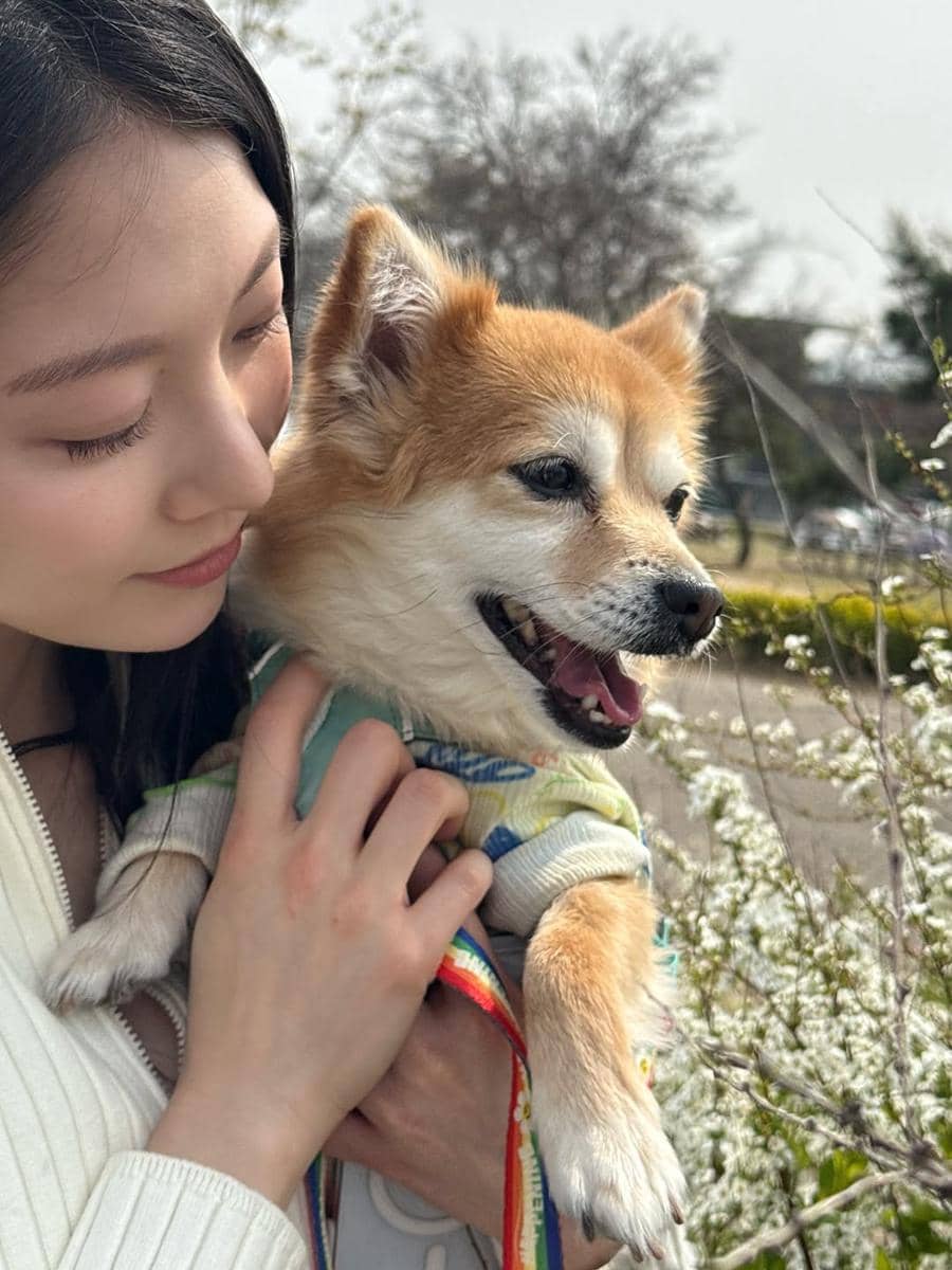 Seorang perempuan memeluk anjing kecil berbulu cokelat dan putih di luar ruangan dengan latar pepohonan dan bunga bermekaran.