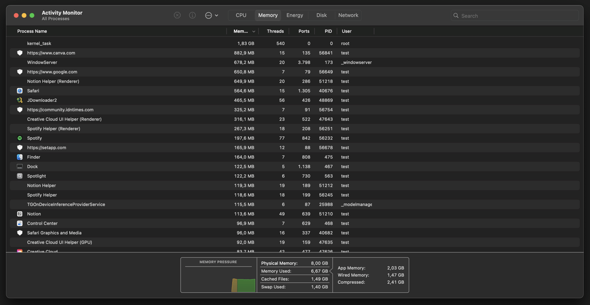 Tampilan aplikasi Activity Monitor di macOS yang menampilkan daftar proses sistem, penggunaan memori, dan informasi pengguna.
