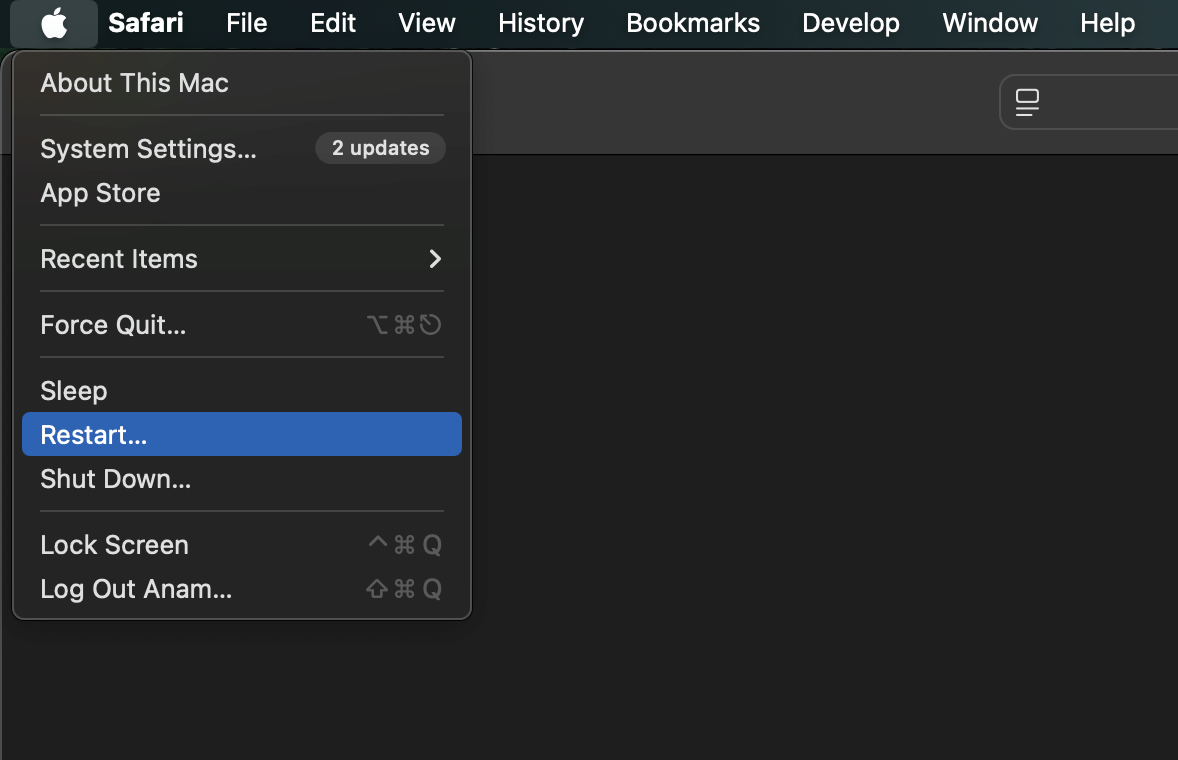 Tangkapan layar menu Apple di MacBook dengan opsi Restart disorot berwarna biru pada tampilan sistem macOS.