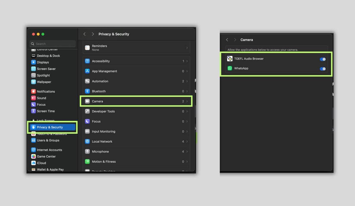 Tangkapan layar pengaturan Privacy & Security di komputer yang menampilkan opsi izin kamera untuk aplikasi seperti WhatsApp dan TOEFL Audio Browser.