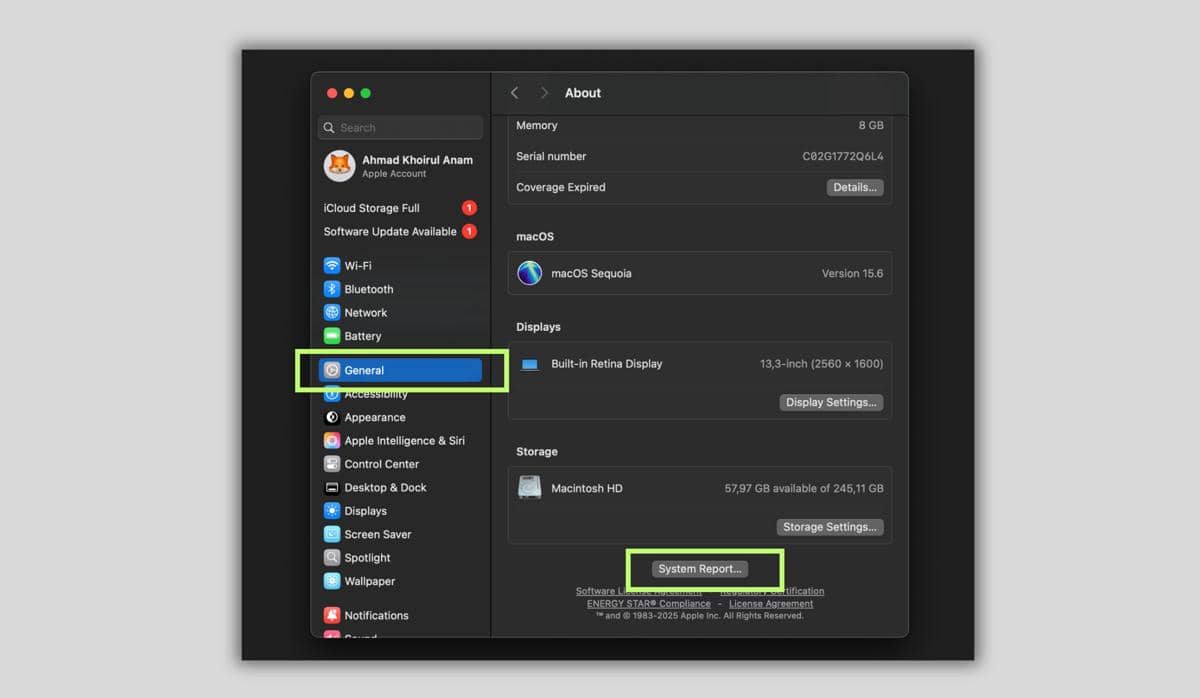 Tampilan jendela System Settings di MacBook yang menyoroti menu General dan tombol System Report pada bagian About.