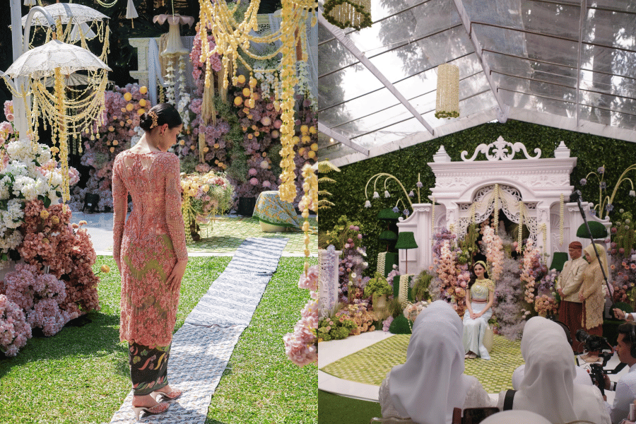 Perbandingan dekorasi acara siraman dua wanita dengan tema tradisional modern, dihiasi bunga warna pastel dan nuansa elegan di taman.