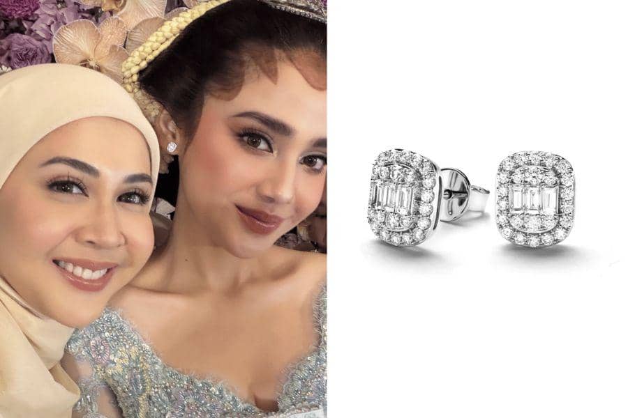 Dua wanita berpose bersama mengenakan busana elegan, salah satunya memakai anting berlian persegi, di samping gambar detail anting berlian.