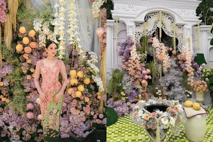 Perbandingan dekorasi siraman dengan nuansa bunga warna pastel, menampilkan latar bunga yang rimbun dan elemen tradisional khas acara adat.