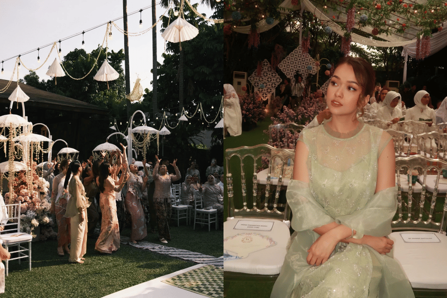 Dekorasi acara siraman dengan nuansa hijau dan putih di taman, para tamu mengenakan busana tradisional, serta seorang wanita duduk anggun mengenakan kebaya hijau muda.