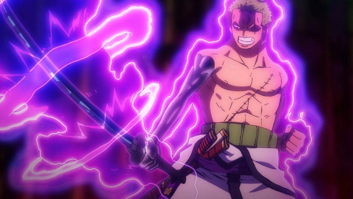 Karakter anime memegang pedang berenergi ungu dengan aura listrik menyala di sekeliling tubuhnya, menampilkan ekspresi penuh tekad.