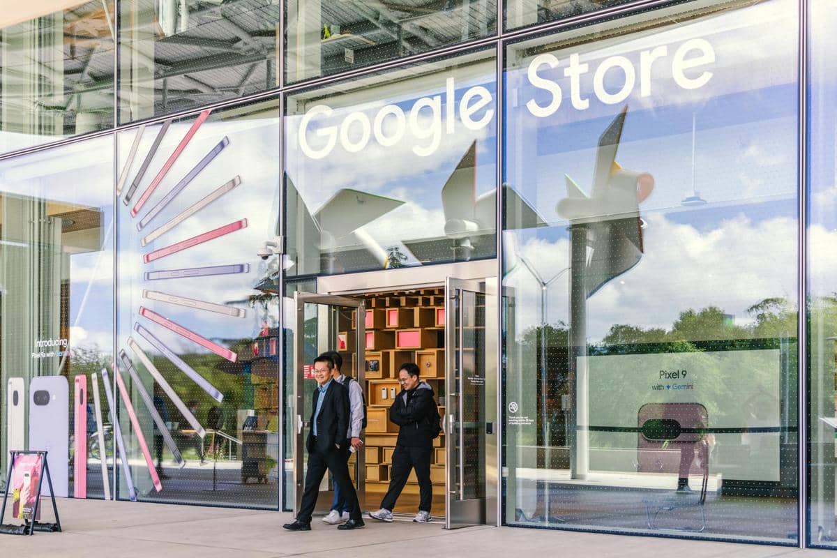 Tampak depan toko Google Store dengan dinding kaca besar, menampilkan logo Google dan dua orang berjalan keluar dari pintu masuk.