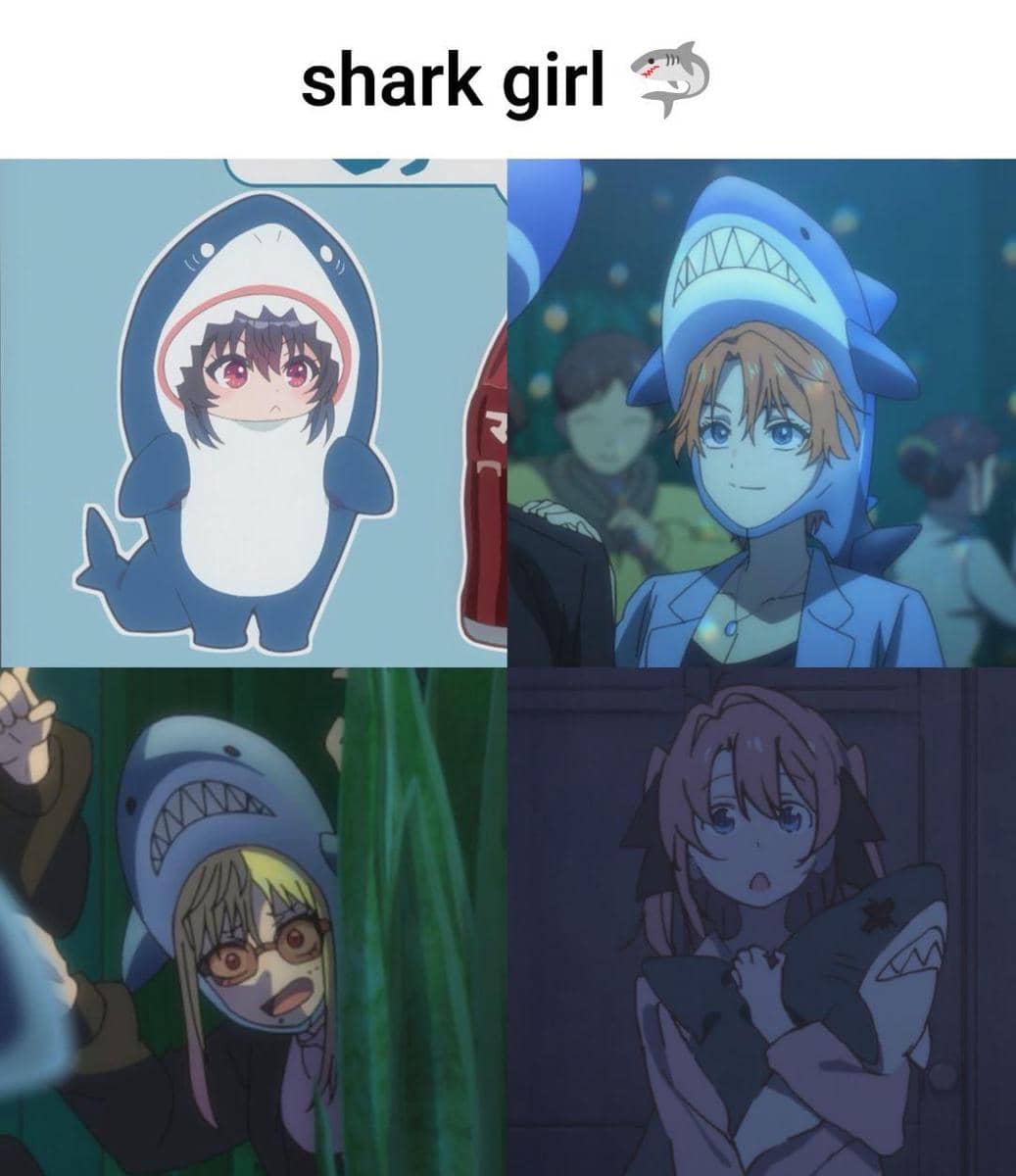 Kolase empat karakter anime perempuan mengenakan kostum atau topi berbentuk hiu dengan ekspresi lucu dan beragam suasana.