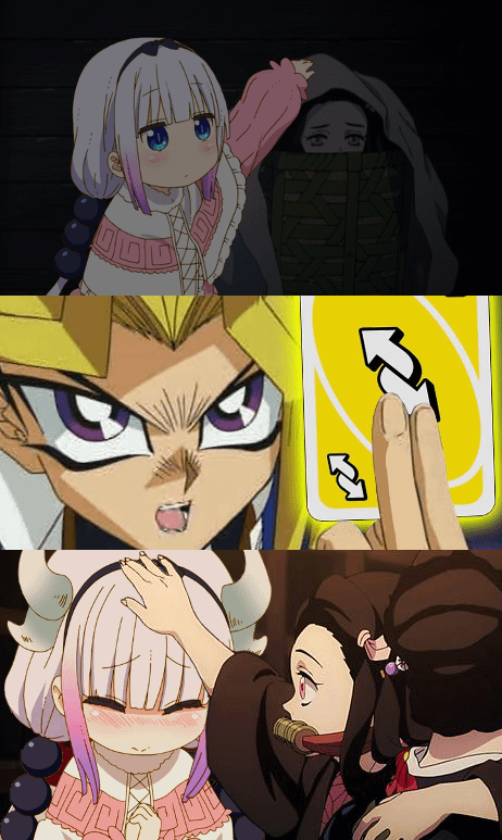 Kolase meme anime menampilkan karakter dari beberapa seri berbeda dengan ekspresi lucu dan kartu Uno reverse sebagai elemen humor.
