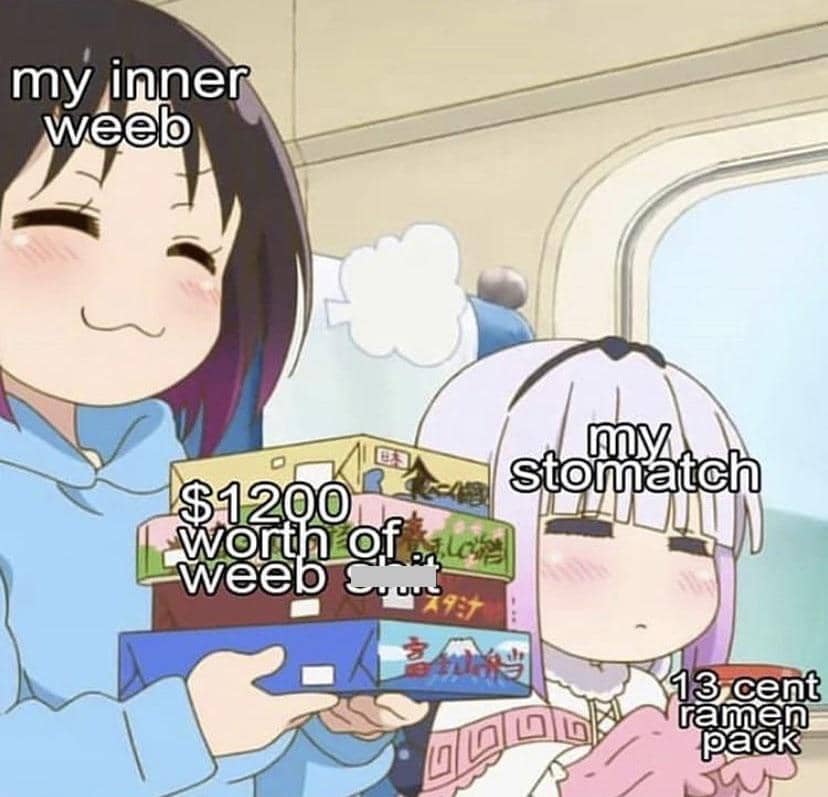 Dua karakter anime dengan teks lucu tentang pengeluaran untuk barang anime mahal dan makan ramen murah sebagai keseimbangan hidup.