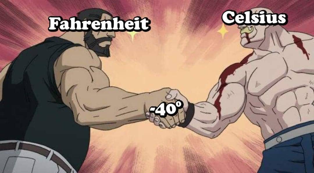 Dua karakter anime berotot saling berjabat tangan dengan tulisan Fahrenheit dan Celsius serta angka minus 40 derajat di tengah.