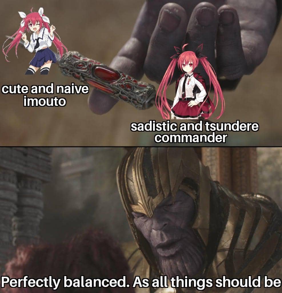 Meme anime menampilkan karakter imouto polos dan komandan tsundere disandingkan dengan adegan Thanos berbicara tentang keseimbangan.