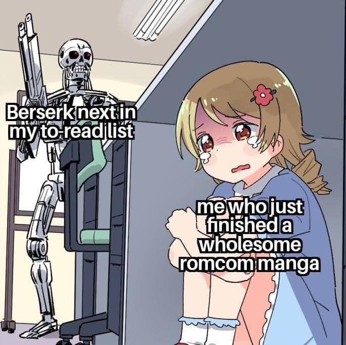 Ilustrasi meme anime menampilkan gadis menangis di pojok ruangan dengan robot mendekat, menggambarkan kontras bacaan manga.
