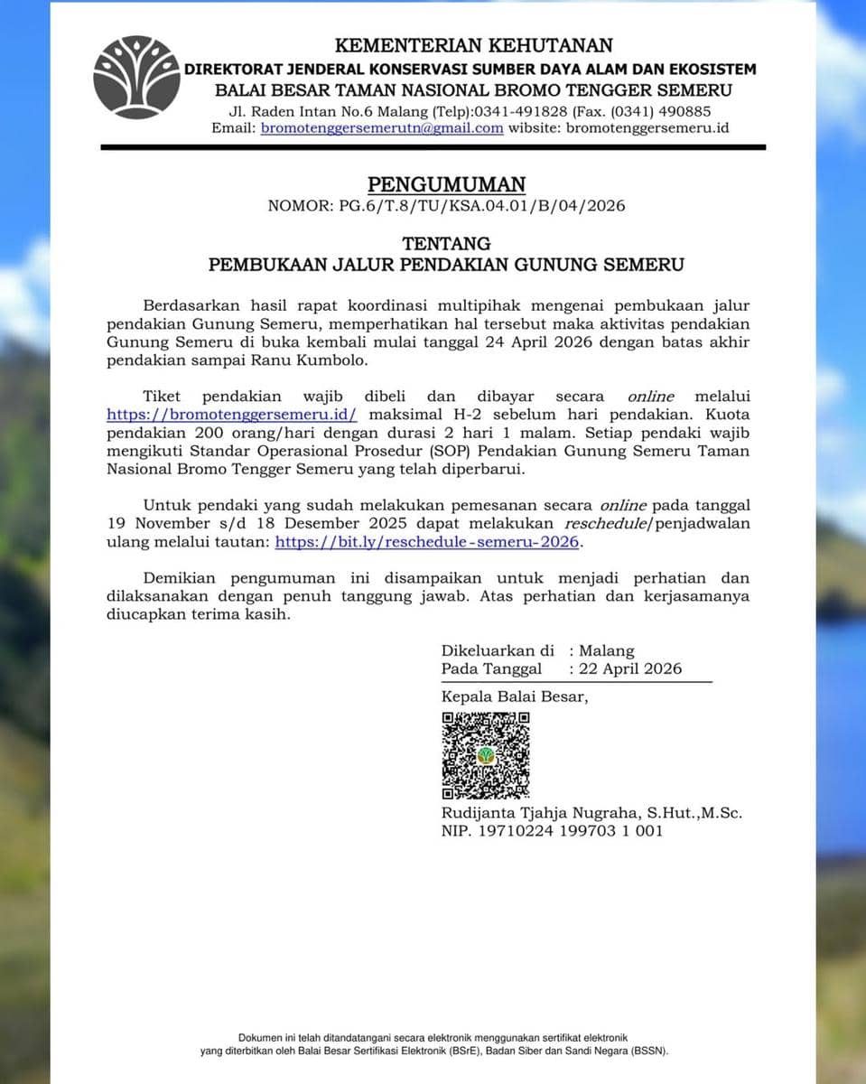 informasi pembukaan jalur pendakian Gunung Semeru (instagram.com/bbtnbromotenggersemeru)