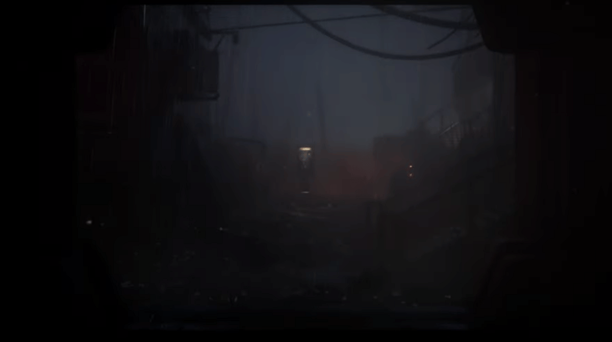 Lorong gelap dan berkabut dengan pencahayaan samar di kejauhan, menampilkan suasana misterius dan tegang dalam nuansa futuristik.