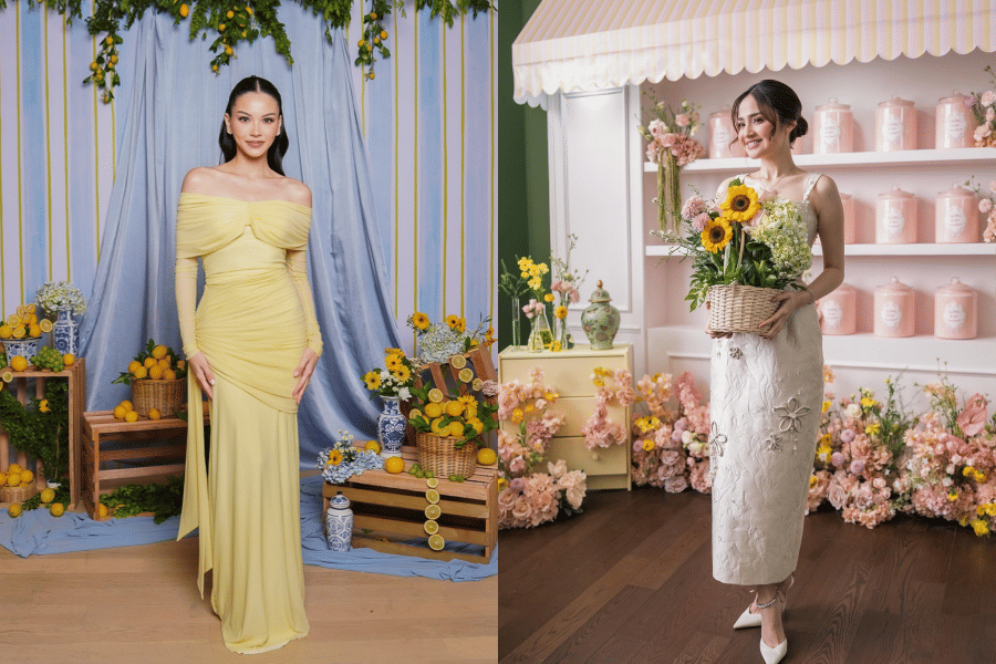 Dua wanita tampil elegan dalam rangkaian pernikahan, satu mengenakan gaun kuning pastel dan satu lagi mengenakan gaun putih sambil memegang bunga.