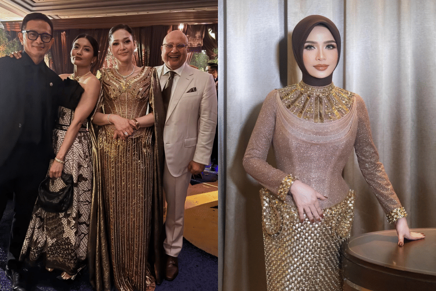 Dua gaya elegan wanita dalam balutan gaun mewah berwarna emas di acara pernikahan, satu berpose bersama keluarga dan satu berdiri sendiri.