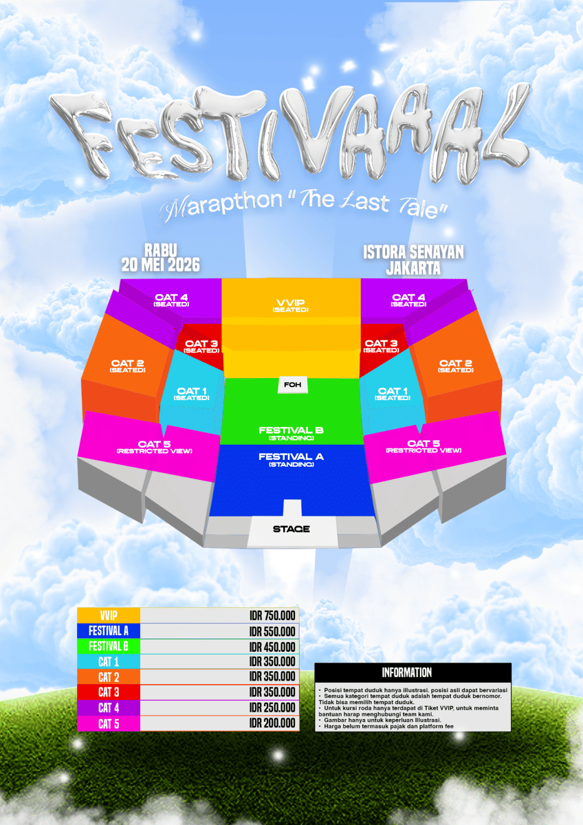 Denah tempat duduk dan harga tiket Festivaaal Marapthon: The Last Tale di Istora Senayan Jakarta pada 20 Mei 2026.