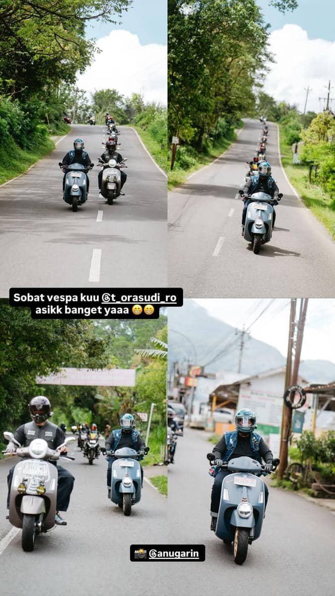 Rombongan pengendara Vespa touring melintasi jalan pedesaan hijau menuju Semarang, Dieng, dan Yogyakarta di bawah langit cerah.