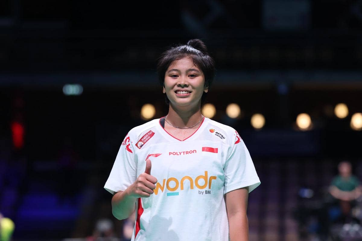 Thalita Ramadhani Wiryawan di partai kedua laga Indonesia kontra Australia dengan kemenangan sempurna di Uber Cup 2026. (Dok. PP PBSI)
