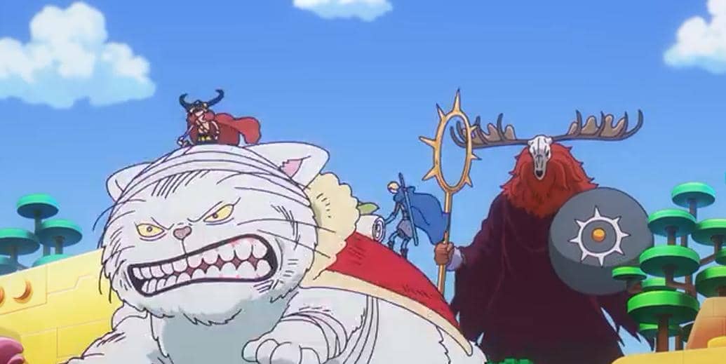Karakter anime One Piece menaiki kucing besar putih dan dikejar sosok bertopeng tanduk dengan tongkat di dunia berwarna cerah.