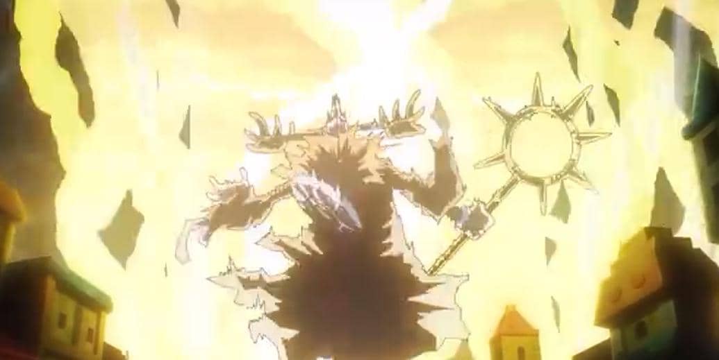 Karakter Road dari anime One Piece tersambar petir di tengah kota dengan latar langit bercahaya kuning dan kilatan listrik besar.