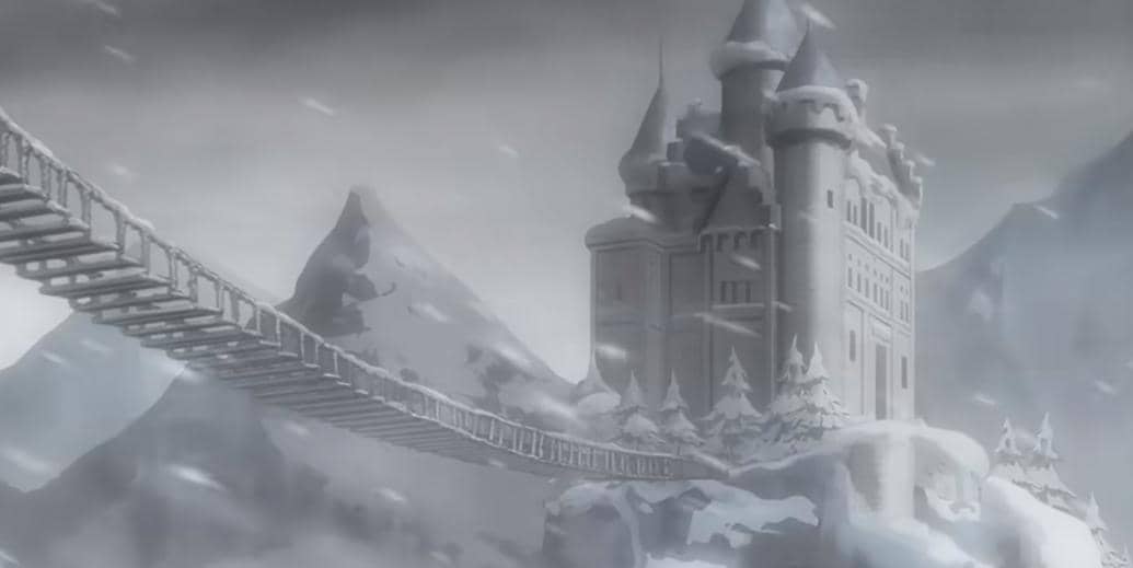 Kastil besar bergaya Eropa berdiri di atas tebing bersalju dengan jembatan gantung panjang di tengah badai salju.