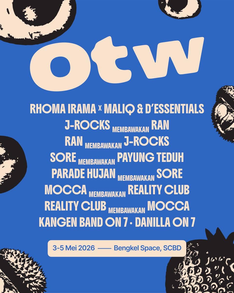 Poster lineup OTW Pestapora 2026 dengan latar biru menampilkan daftar musisi seperti Rhoma Irama, Maliq & D’Essentials, RAN, dan lainnya.