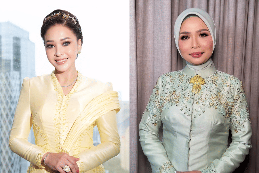 Dua wanita mengenakan kebaya modern berwarna pastel, satu berwarna kuning dengan sanggul dan satu berhijab hijau mint dengan hiasan payet.
