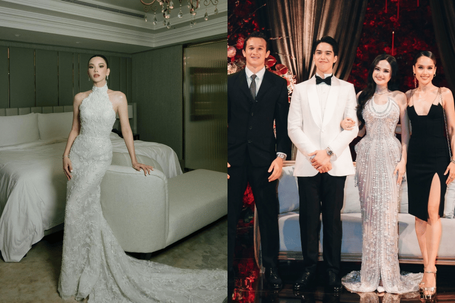 Dua momen berbeda menampilkan gaya elegan Alyssa dan Syifa dalam rangkaian acara pernikahan, dengan gaun putih dan busana pesta mewah.