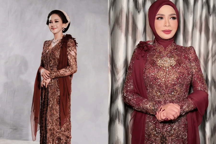 Dua wanita mengenakan kebaya modern berwarna marun dengan hiasan payet dan detail elegan saat menghadiri acara pernikahan.
