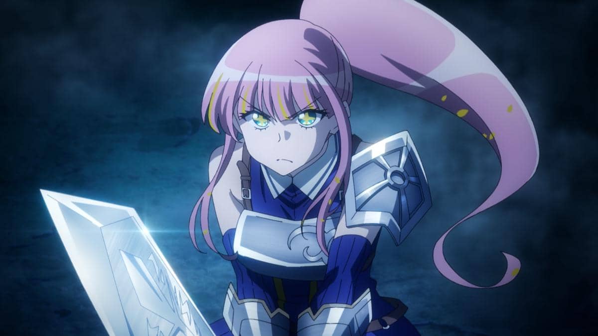 Karakter anime berambut merah muda mengenakan baju zirah biru dan memegang perisai kristal besar dengan ekspresi serius di latar gelap.