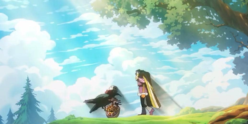 Karakter anime berjubah ungu berdiri di bawah pohon besar bersama burung hitam besar di bawah langit cerah dengan awan putih.