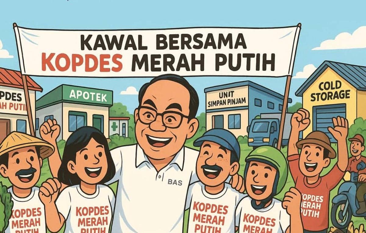 Ilustrasi sekelompok warga desa mengenakan kaus bertuliskan Kopdes Merah Putih bersama seorang pria berkacamata di depan spanduk dukungan.