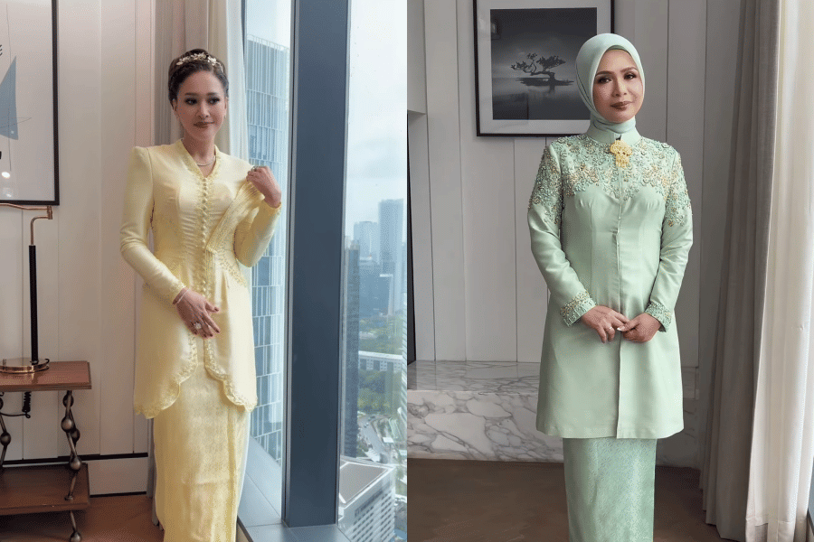 Dua wanita mengenakan kebaya modern, satu berwarna kuning pucat dan satu hijau mint berhijab, berpose di dalam ruangan elegan.