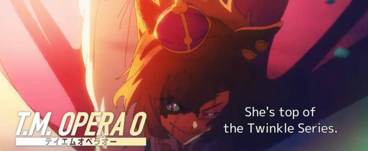 Karakter anime T.M. Opera O dari Umamusume: Beginning of a New Era dengan ekspresi percaya diri dan latar cahaya berwarna hangat.