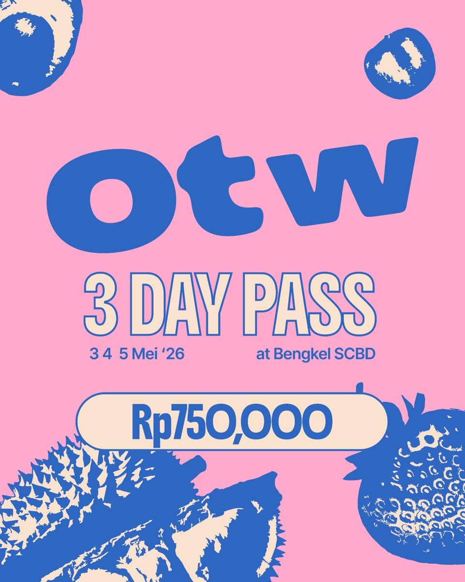 Poster tiket OTW Pestapora 2026 menampilkan harga Rp750.000 untuk 3 Day Pass pada 3–5 Mei 2026 di Bengkel SCBD dengan latar warna pink dan ilustrasi buah.