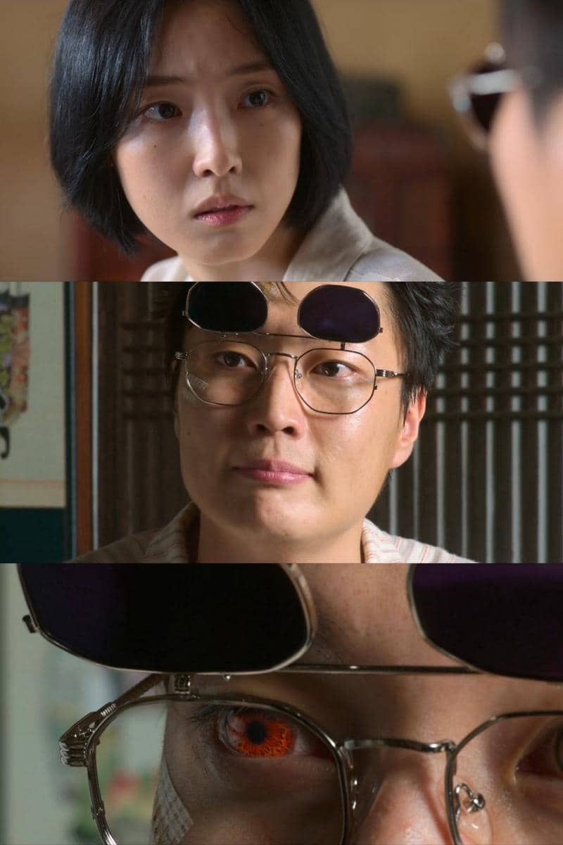 Dua karakter dalam drama Korea If Wishes Could Kill saling menatap intens, dengan salah satu karakter memakai kacamata berwarna gelap.