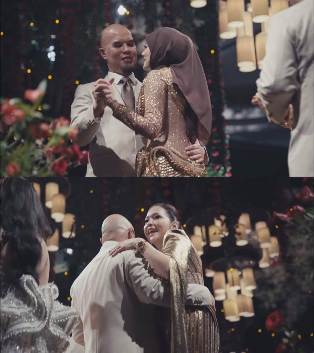 Orangtua El Rumi mengenakan busana formal menari di resepsi pernikahan dengan dekorasi bunga dan lampu gantung yang hangat.
