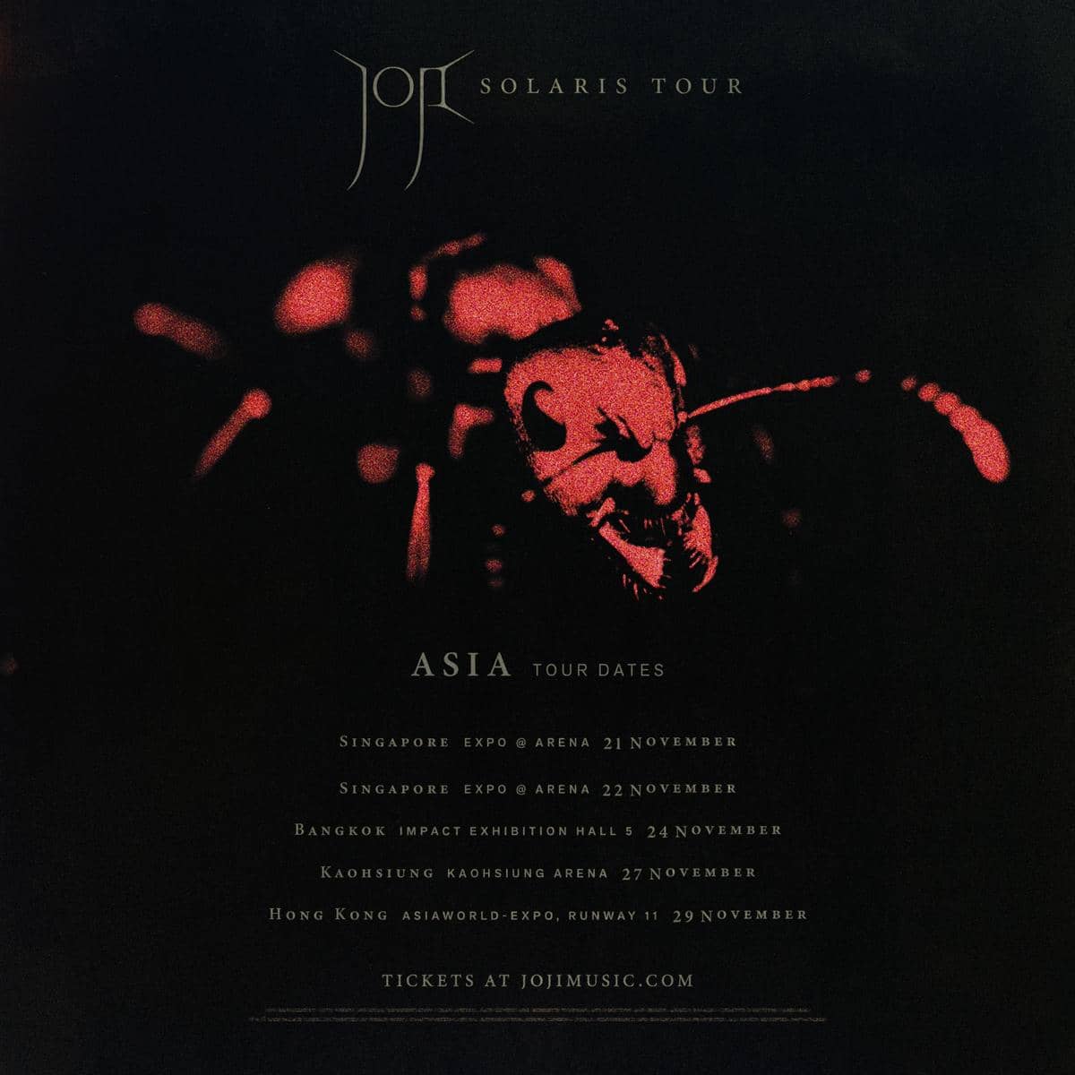 Poster tur Solaris menampilkan jadwal tur Asia dengan latar artistik berwarna merah gelap dan teks informasi konser di beberapa kota.