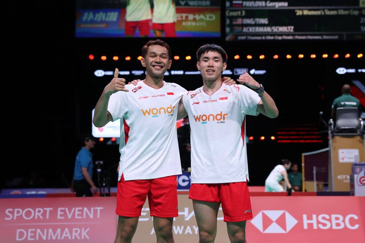 Fajar Alfian/Nikolaus Joaquin menyelamatkan wajah Indonesia saat berhasil menyamakan kedudukan dengan Thailand dalam laga fase Grup D Thomas