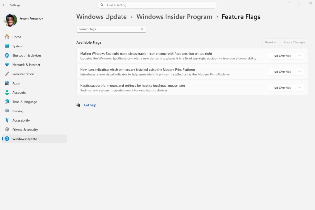 Tampilan pengaturan Windows Update pada Windows 11 menampilkan menu Feature Flags dengan beberapa opsi fitur eksperimental.