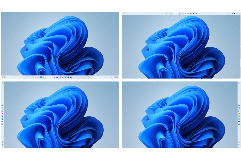 Tampilan empat layar desktop Windows dengan bilah tugas di posisi bawah, atas, kiri, dan kanan di latar belakang biru abstrak.