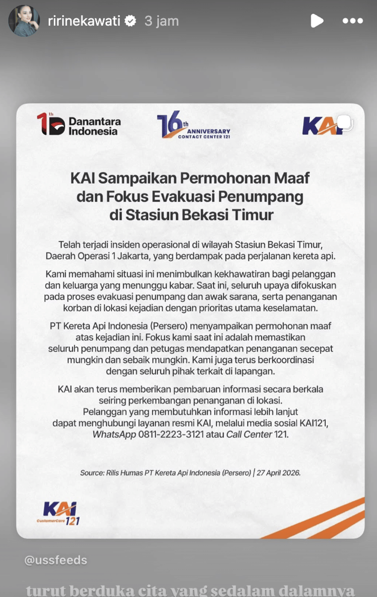  belasungkawa artis untuk kecelakaan KRL dan KAI Argo Bromo 