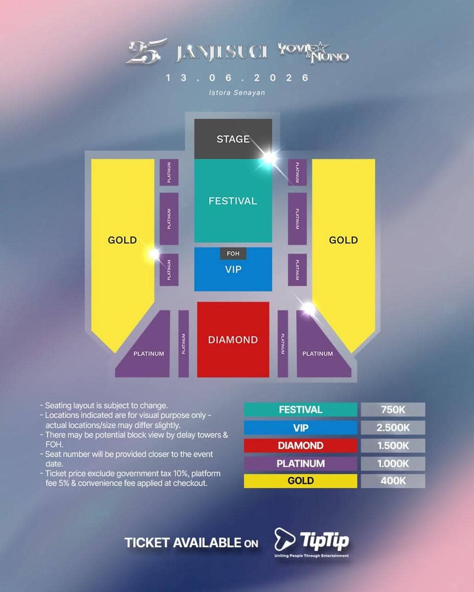 Seating plan dan harga tiket konser "25 Tahun Janji Suci Yovie & Nuno" di Jakarta