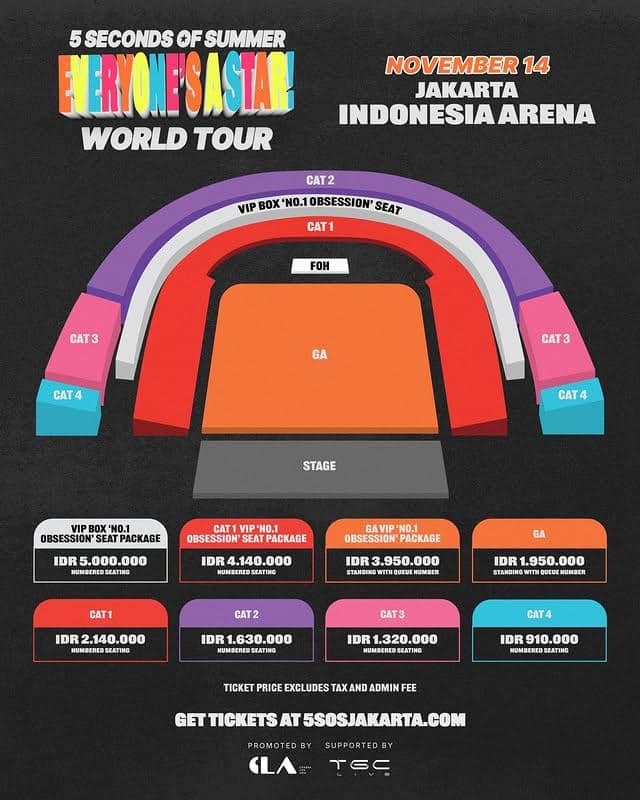 Denah tempat duduk dan daftar harga tiket konser 5 Seconds of Summer di Indonesia Arena Jakarta pada 14 November 2026.