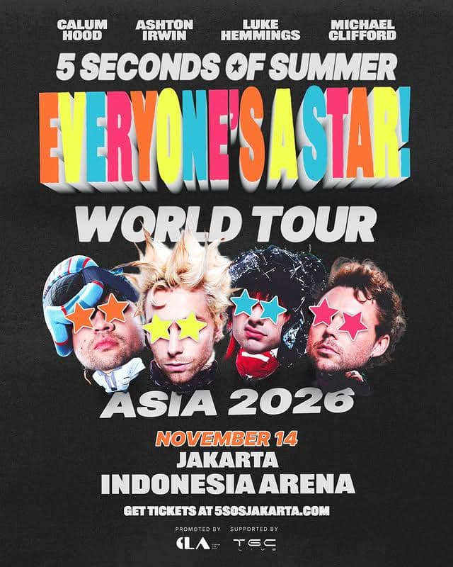 Poster tur dunia 5 Seconds of Summer bertajuk Everyone’s A Star untuk Asia 2026 dengan jadwal konser di Jakarta pada 14 November.