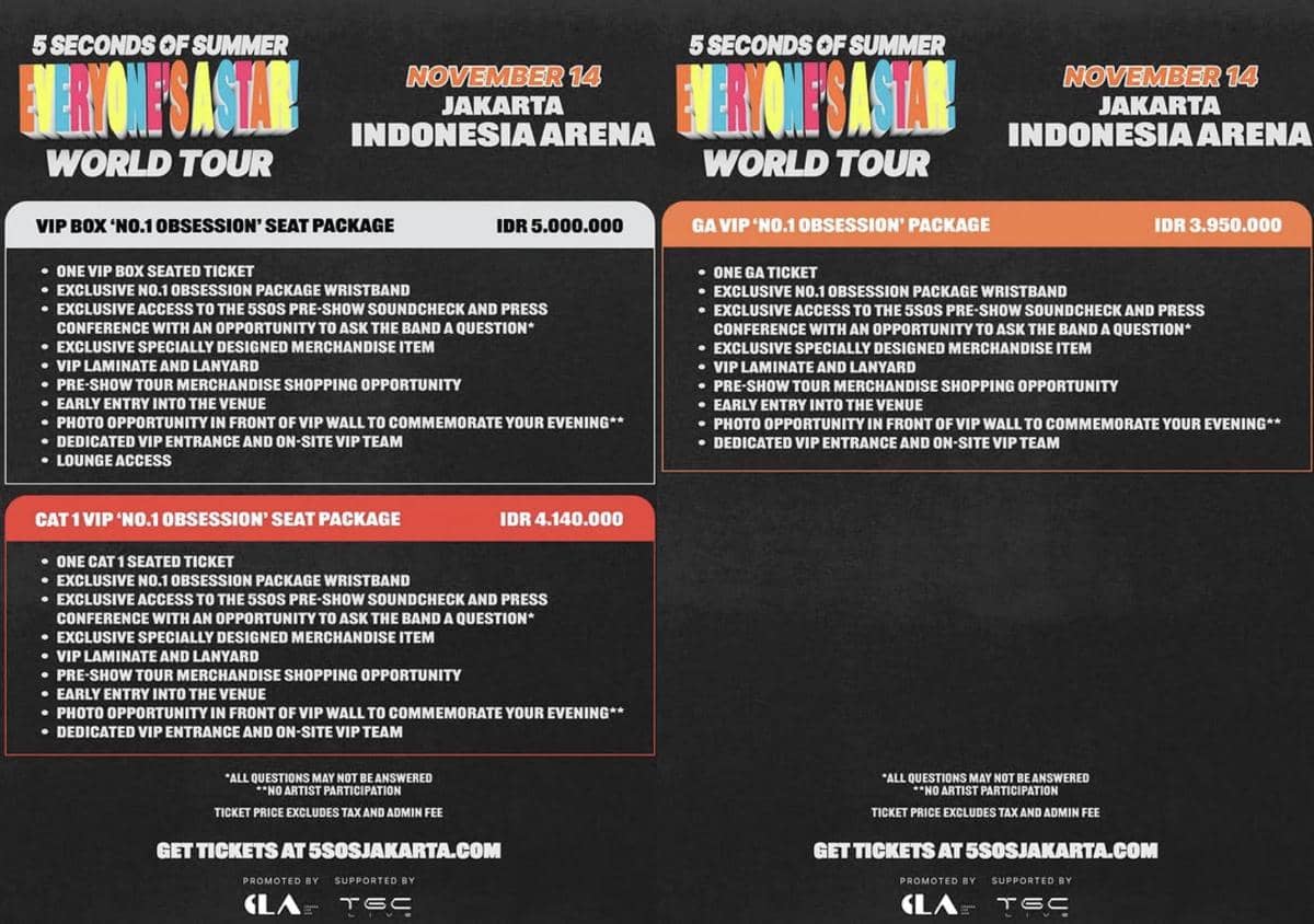 Poster tur dunia 5 Seconds of Summer di Jakarta menampilkan harga tiket dan paket VIP untuk konser di Indonesia Arena pada 14 November 2026.