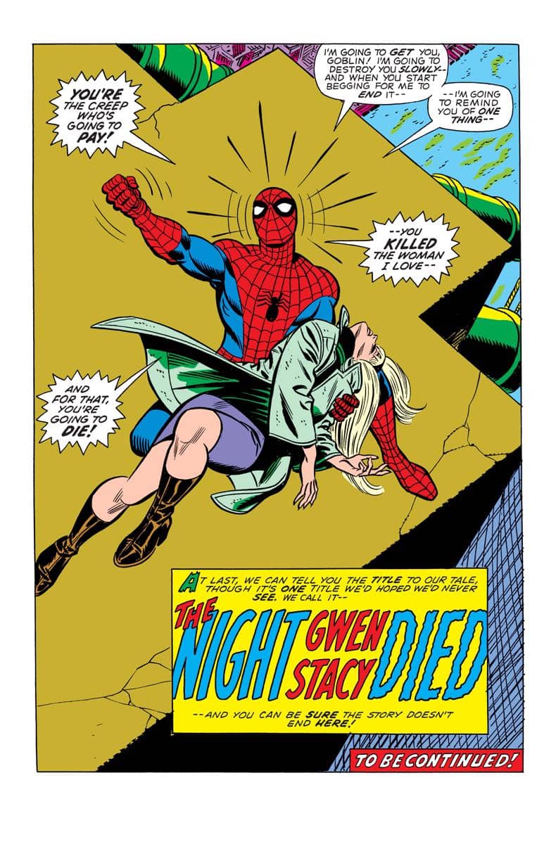 Spider-Man memegang tubuh Gwen Stacy yang tak sadarkan diri di atas jembatan dalam adegan dramatis dari komik klasik Marvel.